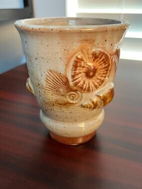 Art Pottery Shell Coffee Mug Artist Stamped Glazed Tapered Bottom Beachy